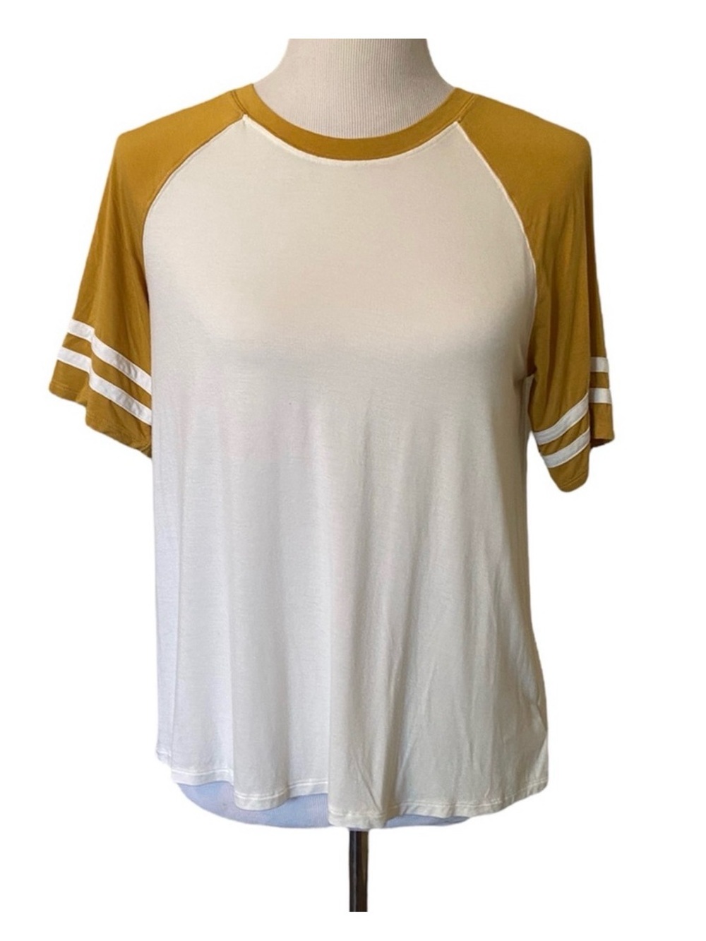 American Eagle Outfitters White Tee with Mustard Raglan Sleeves